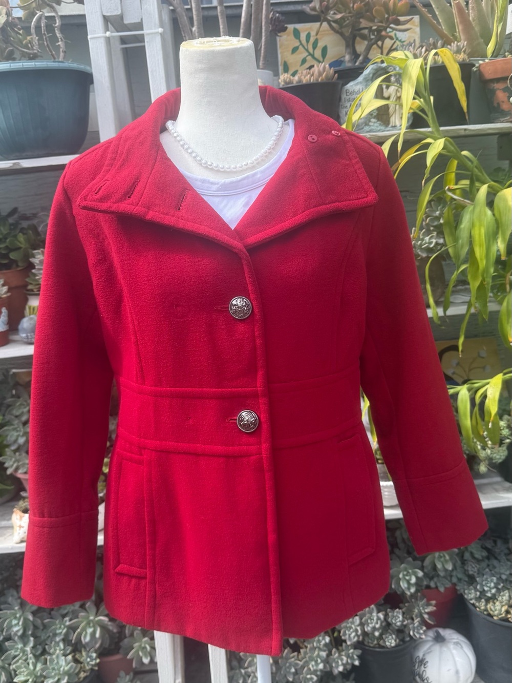 Liz Claiborne Red Pea Coat with Decorative Buttons